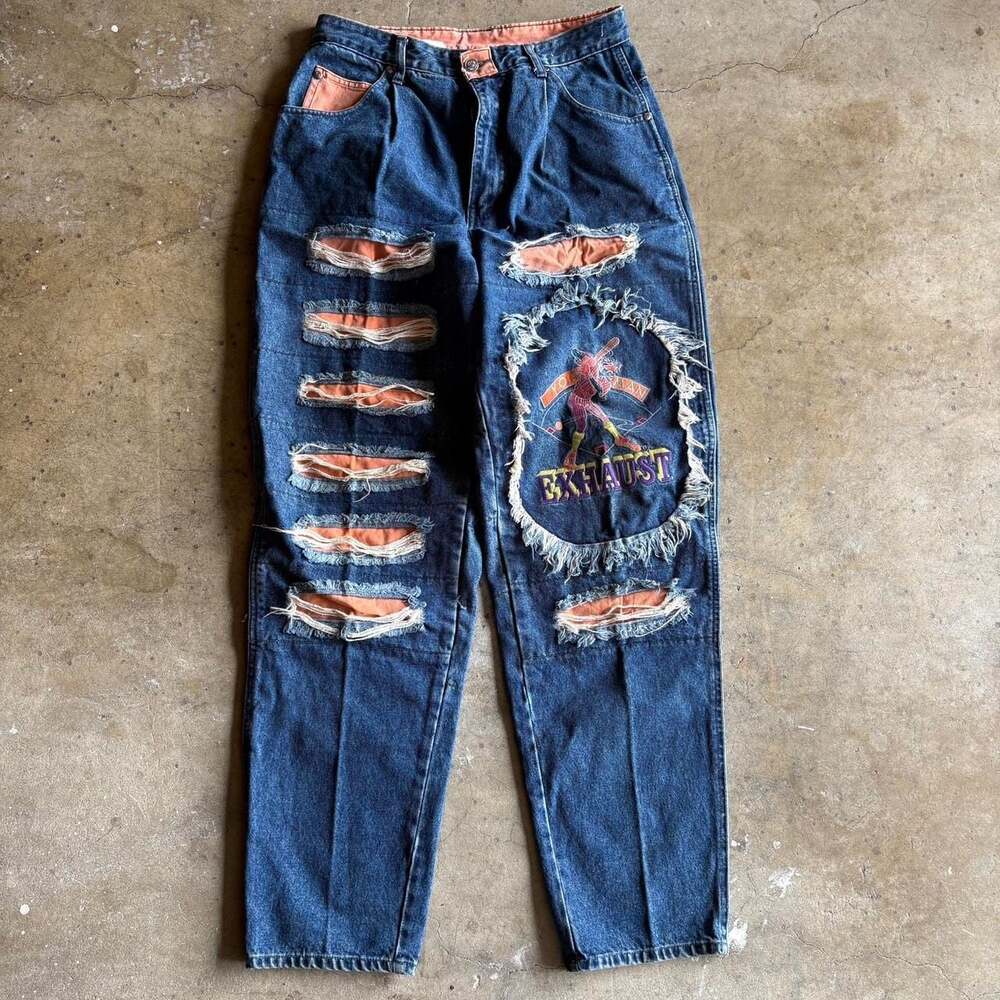 Vintage Y2K Exhaust Baggy Distressed Jeans, Orange Trim Embroidery, Size 32